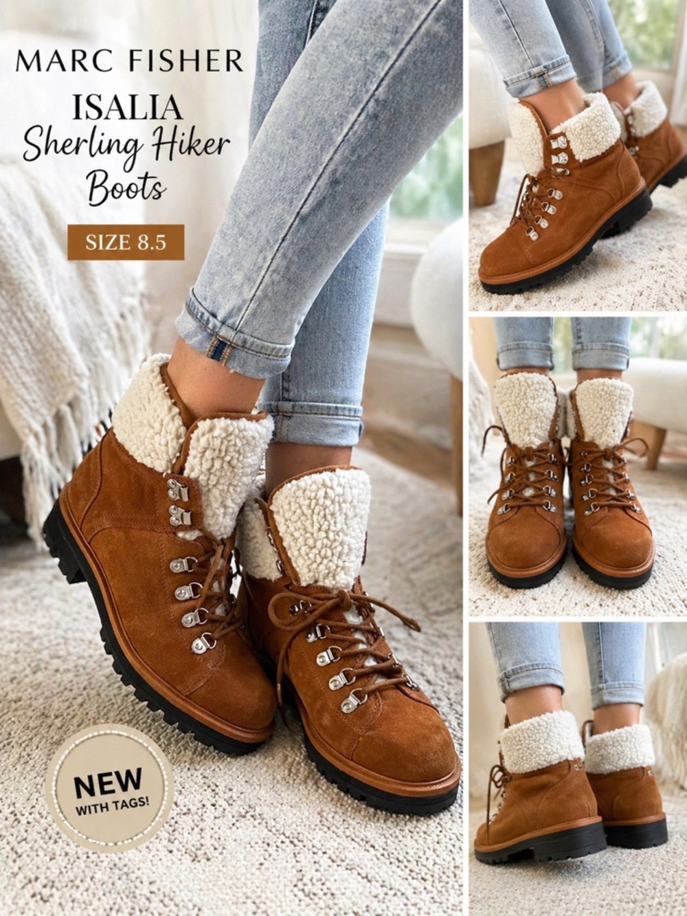 NWT Marc Fisher Isalia Sherling Hiker Boots Brown Shearling Lace Up Size 8.5